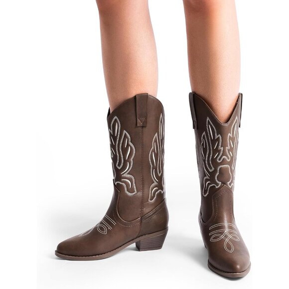 Women's Brown-PU Mid Calf Western Embroidery Stitched Faux Leather Cowgirl Boots - Picture 6 of 7
